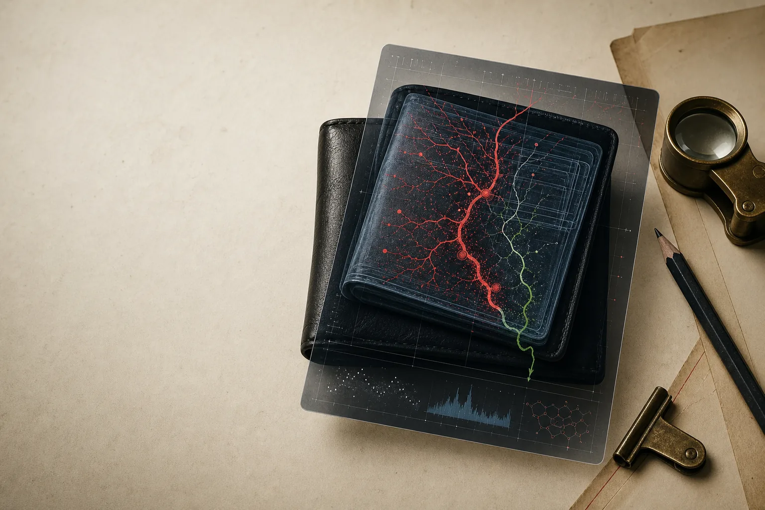 A wallet under a forensic analysis sheet revealing red leak paths and one green recovery path